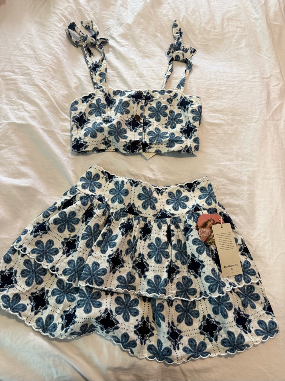 Agua Bendita x Target Linen Blue Floral Eyelet Two-Piece Skirt Set NWT G000